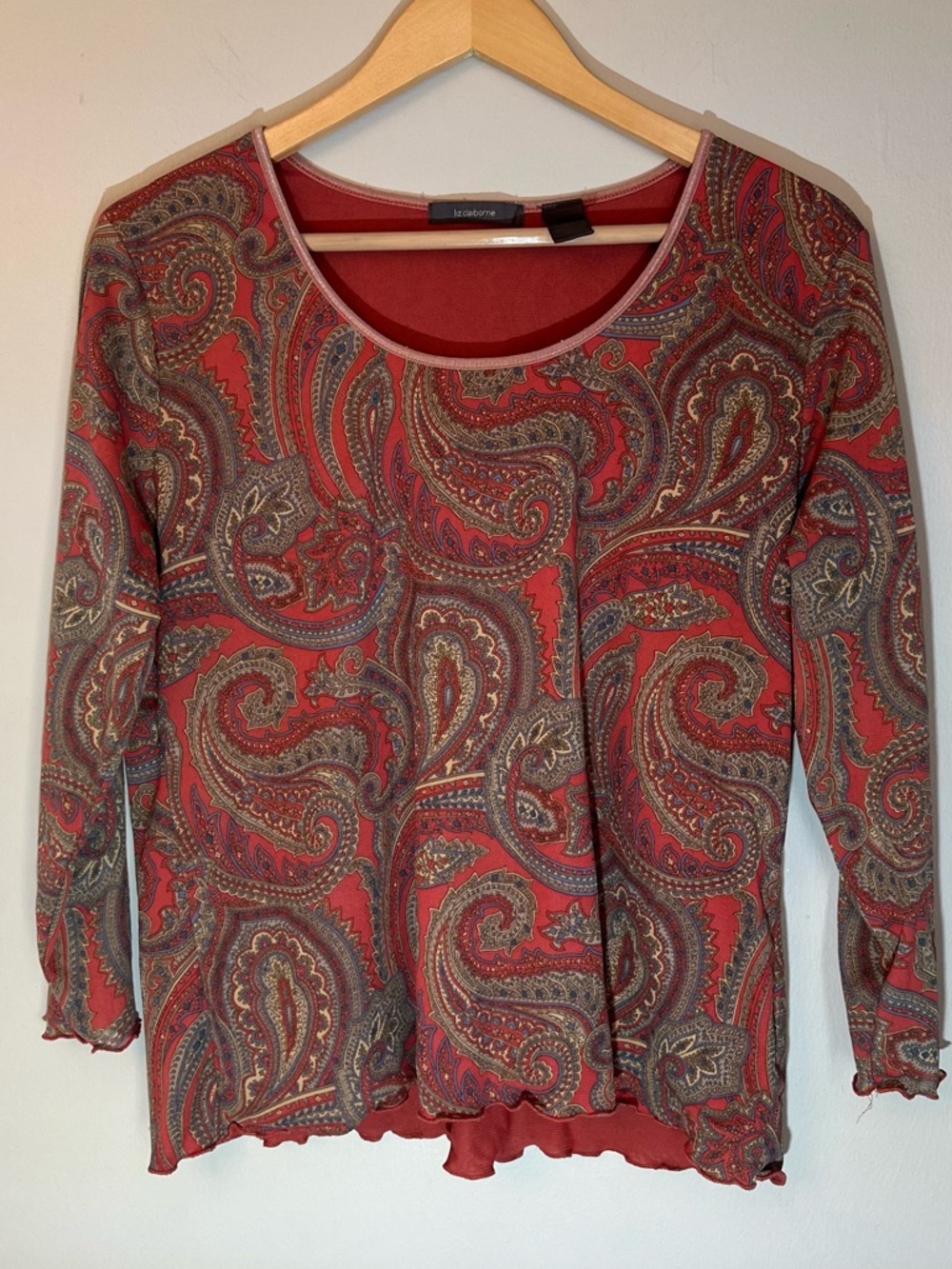 Liz Claiborne Red Multi Paisley Scoop-Neck Long Sleeve double layered mesh Top